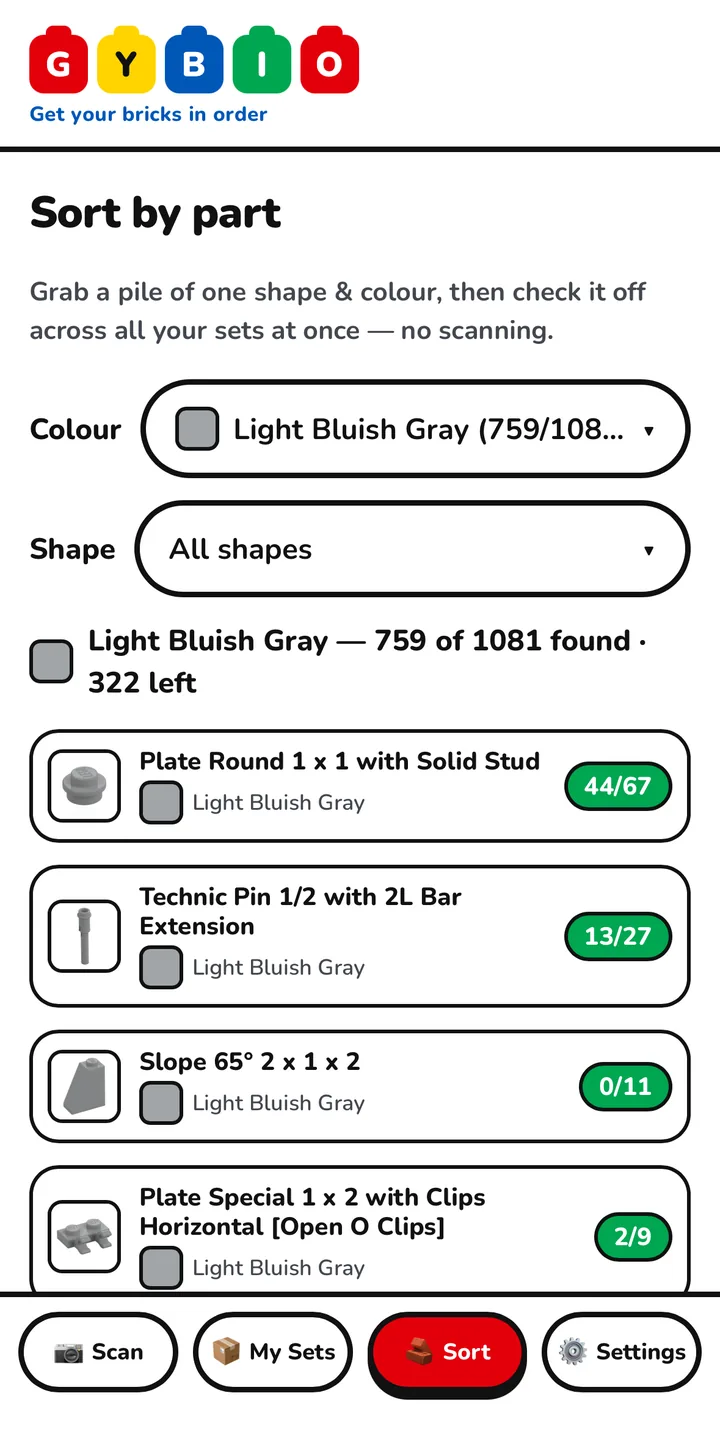 The Sort by part screen in Gybio with the Colour filter set to Light Bluish Gray, showing 759 of 1081 found and 322 left, above a list of the parts those sets still need.