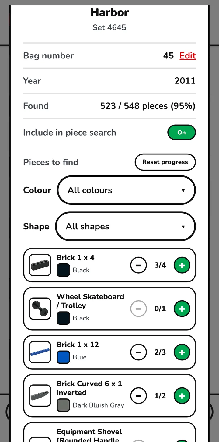 The Harbor set open in Gybio at 523 of 548 pieces found, 95 per cent, with its Pieces to find list underneath naming the parts still outstanding and how many of each are left.
