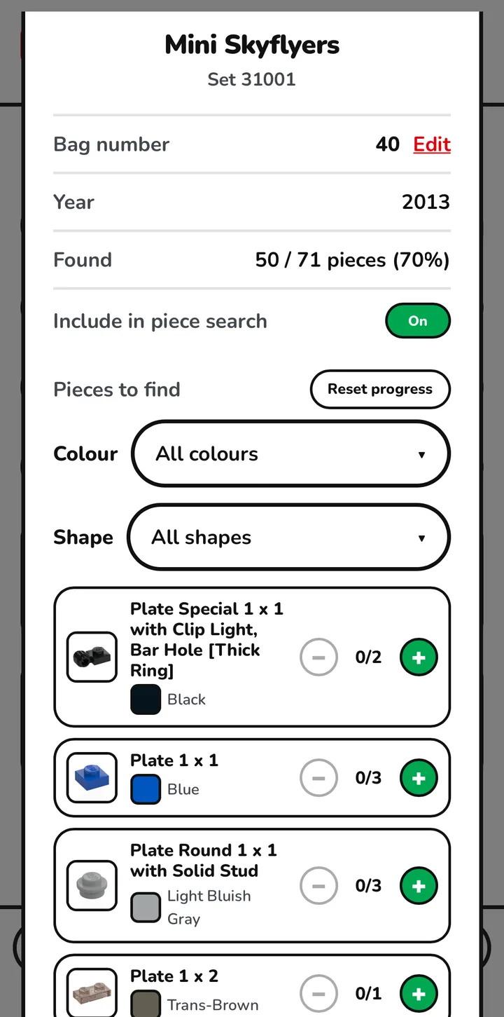 A set open in Gybio showing bag number 40 with an Edit link beside it, Found 50 of 71 pieces at 70 per cent, an Include in piece search toggle set to On, and the Pieces to find list underneath.